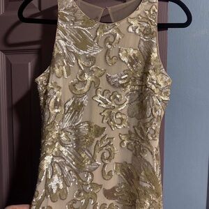 *Designer* Badgley Mischka Gold Sequin Floral Evening Dress